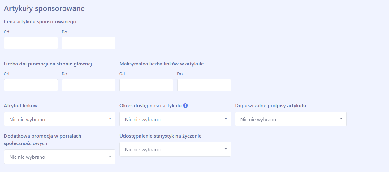 filtry zaawansowane w ADS4media w sekcji artykuły sponsorowane