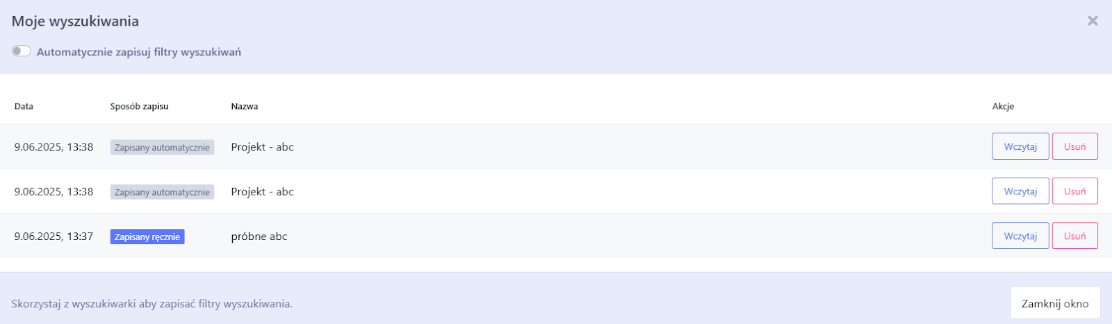 zapis ustawien filtrów zaawansowanych w ADS4media w sekcji Moje Wyszukiwania