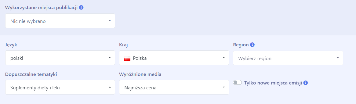 filtry zaawansowane w ADS4media: Tematyka, Język, Ustawienia dodatkowe