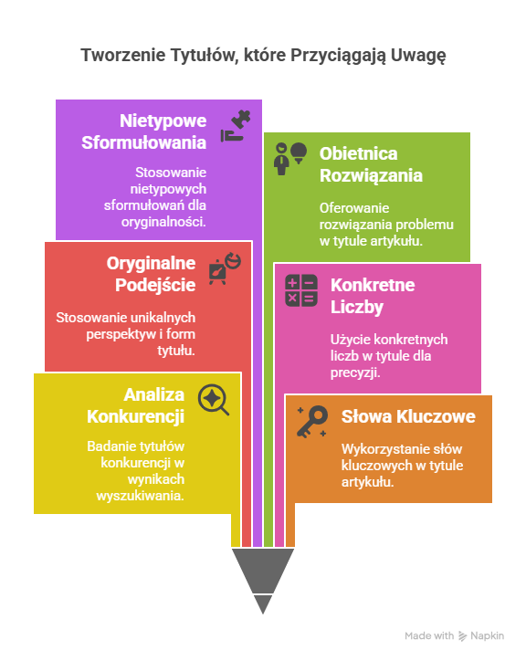 Infografika przedstawiająca sześć kluczowych taktyk tworzenia skutecznego tytułu.
