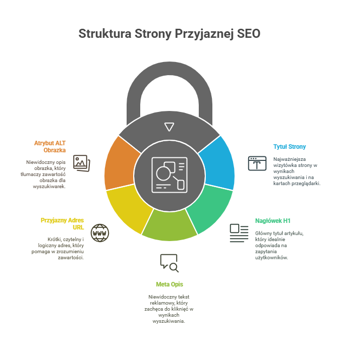 Infografika przedstawiająca strukturę strony przyjaznej SEO, z zaznaczonymi elementami takimi jak tytuł, nagłówki, URL i atrybuty ALT.
