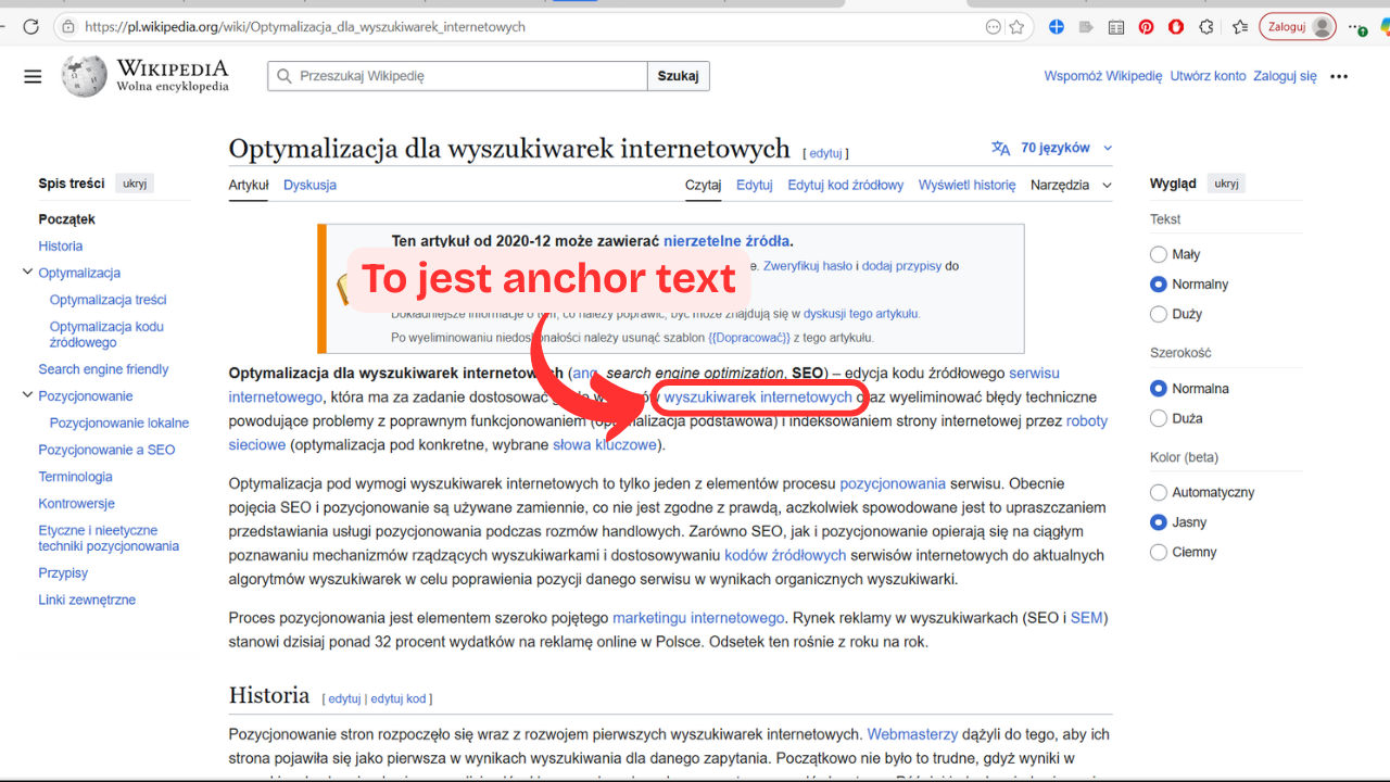 Przykład anchor tekstu na stronie Wikipedii