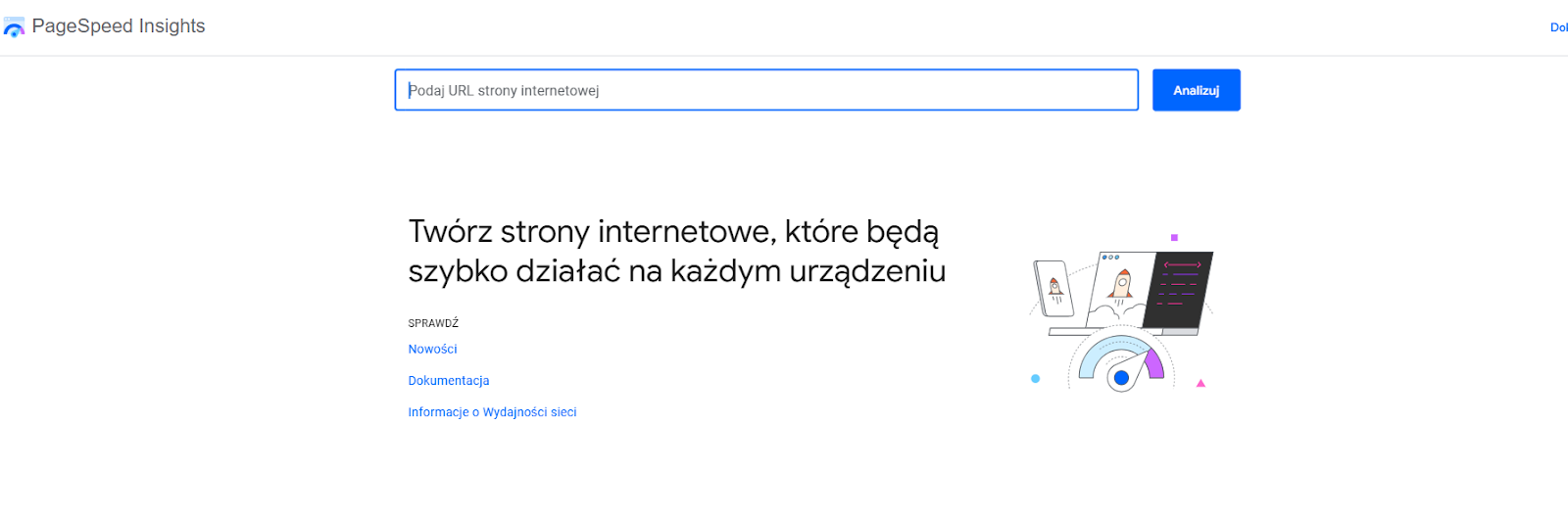 Widok PageSpeed Insights - darmowe narzędzie do sprawdzania szybkości strony internetowej.