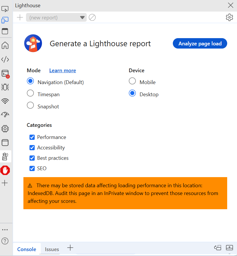Widok narzędzia Lighthouse w przeglądarce