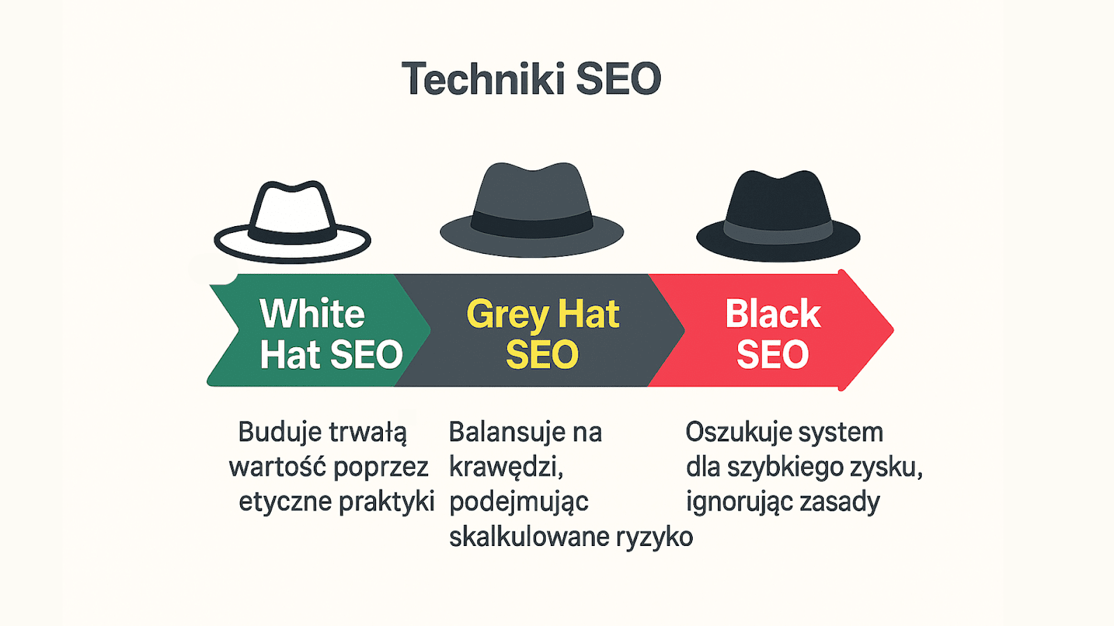 Trzy kapelusze SEO: Biały, Szary i Czarny. Biały Kapelusz SEO to etyczne praktyki, które budują trwałą wartość. Szary Kapelusz SEO balansuje na krawędzi, podejmując skalkulowane ryzyko. Czarny Kapelusz SEO to oszukiwanie systemu dla szybkiego zysku, ignorując zasady.