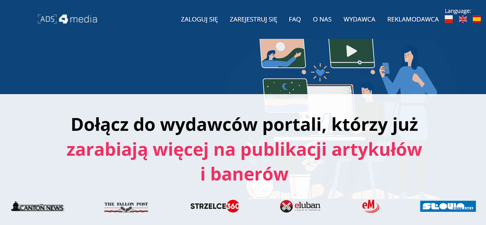 Strona główna platformy content marketingowej ADS4MEDIA, która łączy wydawców z reklamodawcami w celu publikacji artykułów sponsorowanych i banerów.