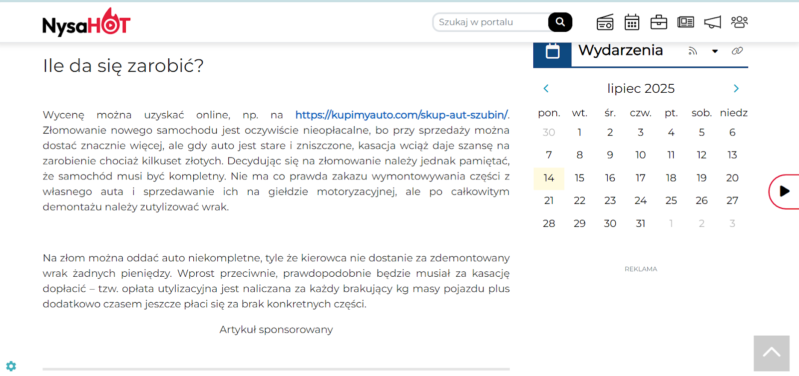 Przykład artykułu sponsorowanego na portalu informacyjnym NysaHOT. Artykuł o złomowaniu aut zawiera link do strony komercyjnej i jest wyraźnie oznaczony jako treść płatna.
