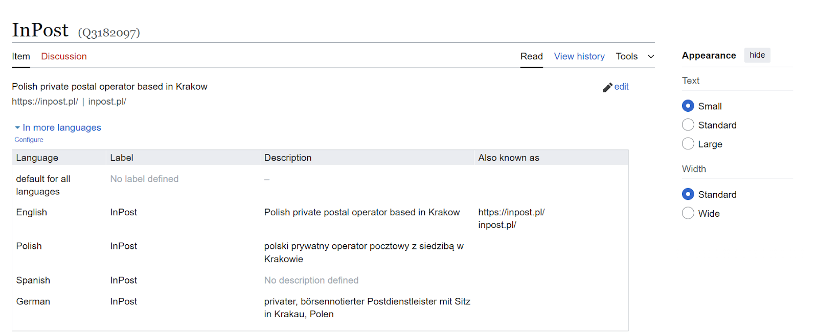 Przykład profilu firmy InPost w Wikidata, pokazujący strukturę danych bytu (entity) z informacjami o lokalizacji, opisami w różnych językach i linkami.