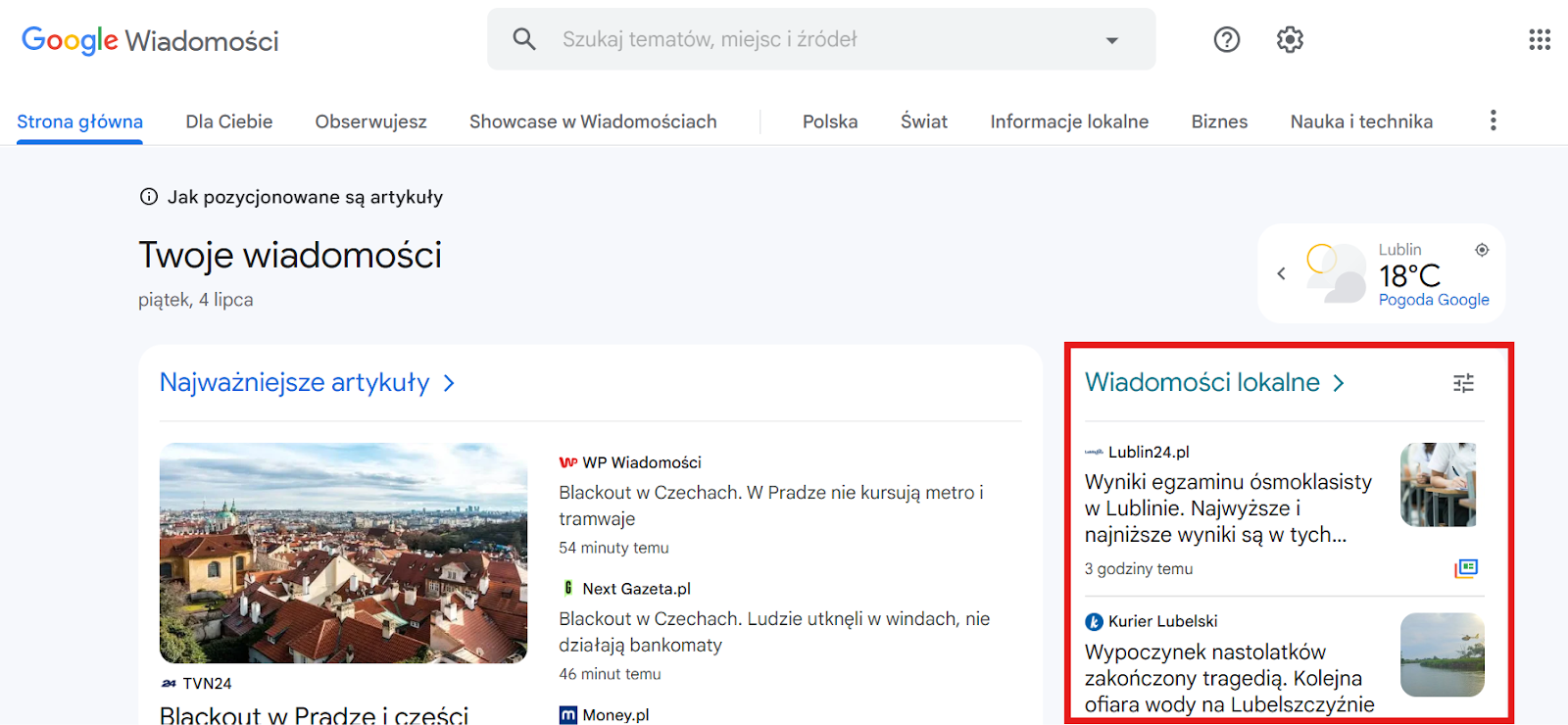 Google Wiadomości - strona główna z sekcjami artykułów informacyjnych, wiadomościami lokalnymi i pogodą.