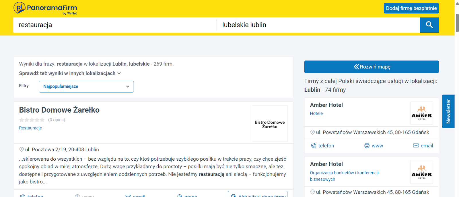 Katalog firm PanoramaFirma - przykładowa lista restauracji i hoteli w Lublinie z wizytówkami firm i mapą.