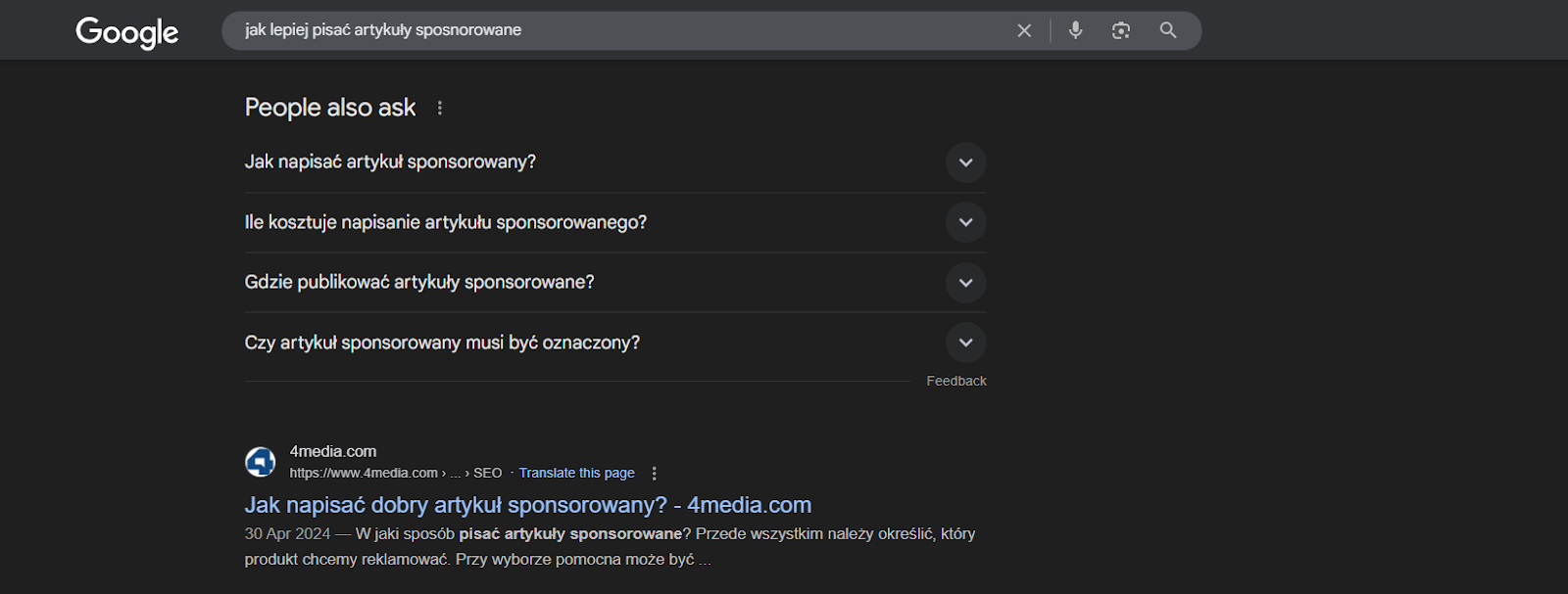 Zrzut ekranu z wyszukiwarki Google przedstawiający sekcję "Ludzie również pytają" z pytaniami dotyczącymi artykułów sponsorowanych.