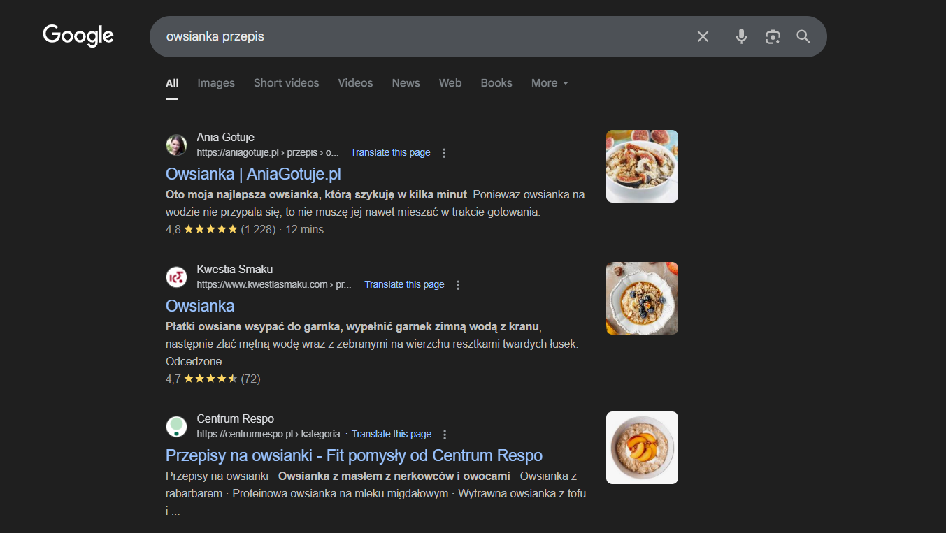 Strukturyzowane dane Rich Snippets w Google na przykładzie przepisu na owsiankę z ocenami i czasem przyrządzenia.
