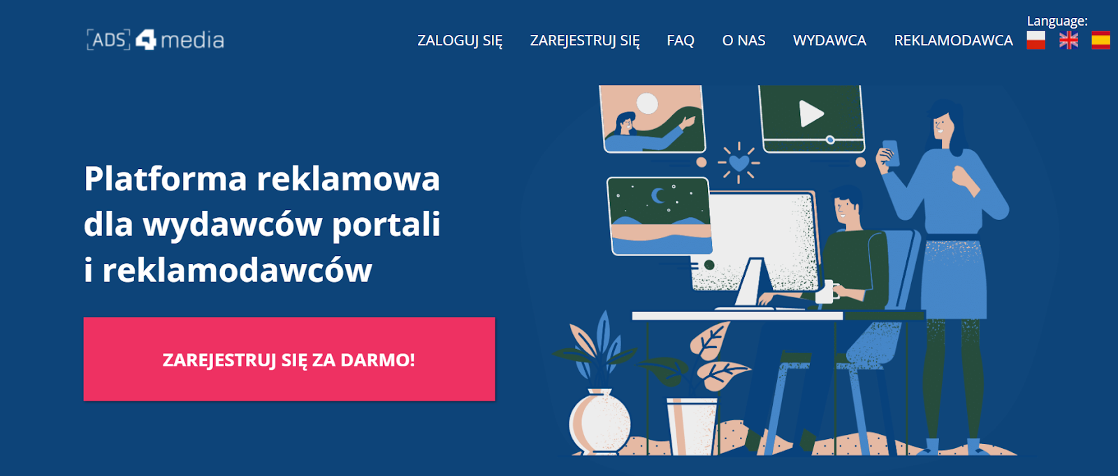 Baner reklamowy platformy 4media z przyciskiem zachęcającym do darmowej rejestracji.