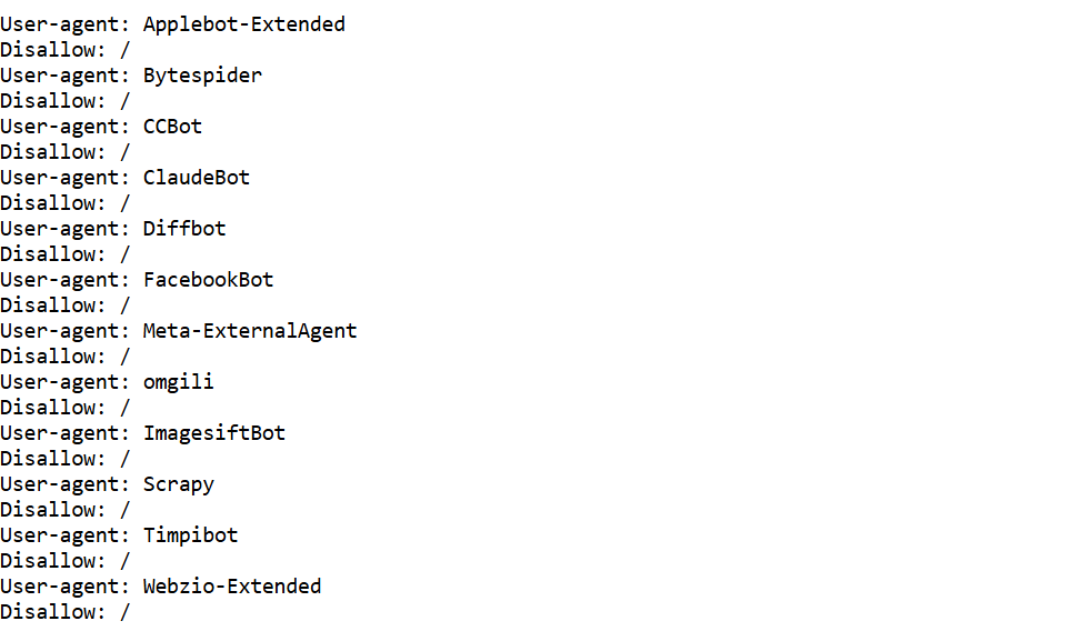 Fragment pliku robots.txt blokujący dostęp do strony dla konkretnych botów, takich jak ClaudeBot, Applebot-Extended i FacebookBot. Każda reguła używa dyrektywy Disallow: / dla wybranych user-agentów.