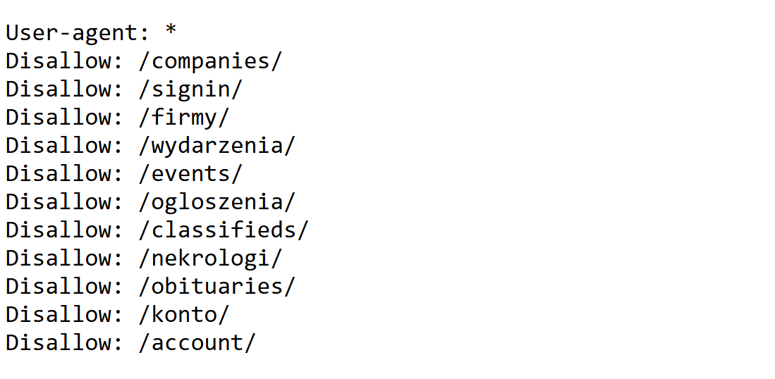 Prosty plik robots.txt używający User-agent: * do blokowania dostępu dla wszystkich botów do katalogów takich jak strony logowania, konta użytkowników, ogłoszenia i nekrologi. Zastosowano zarówno polskie, jak i angielskie ścieżki.