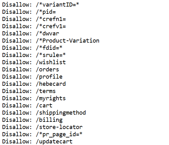 Zawartość pliku robots.txt dla sklepu e-commerce, blokująca crawlerom dostęp do dynamicznych ścieżek produktów, koszyka, profilu użytkownika i innych wrażliwych obszarów. Reguły używają symboli wieloznacznych do blokowania parametrów URL.