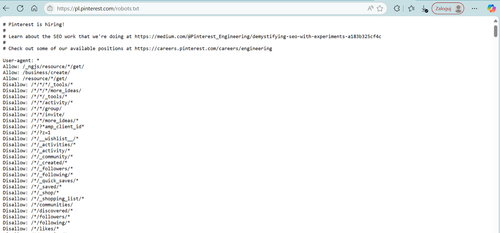 Zaawansowany plik robots.txt serwisu Pinterest, zawierający komentarze rekrutacyjne oraz szczegółowe reguły Allow i Disallow dla różnych ścieżek API i funkcji społecznościowych. Blokuje dostęp do zasobów takich listy życzeń i aktywności użytkowników.