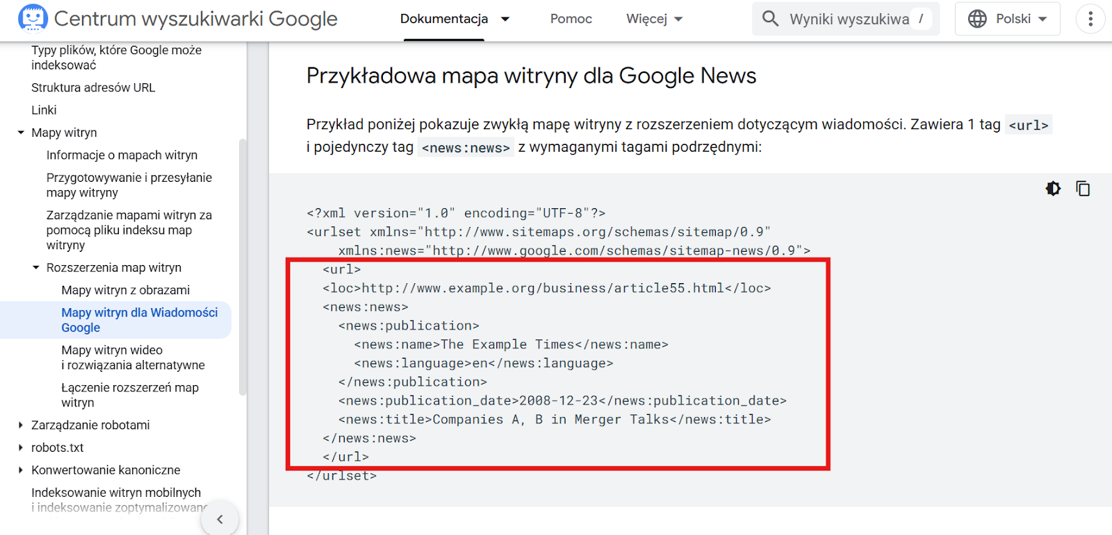 Fragment dokumentacji Centrum wyszukiwarki Google dotyczący map witryn dla Google News, z przykładem kodu XML wykorzystującego rozszerzenie news. Specjalistyczne mapy witryn dla Google News są niezbędne, aby artykuły były szybko indeksowane i pojawiały się w zakładce "Wiadomości", generując ruch docelowy.