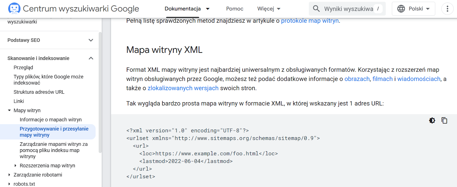 Przykład podstawowego pliku sitemap w formacie XML z jednym adresem URL, pochodzący z polskiej dokumentacji Google Search Console. Regularne aktualizowanie i przesyłanie sitemap w Search Console przyspiesza odkrywanie zmian na stronie i pomaga w walce o lepsze pozycje.