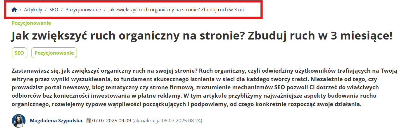 Fragment artykułu blogowego o tym, jak zwiększyć organiczny ruch na stronie w ciągu 3 miesięcy. Nagłówek wprowadza w tematykę budowania ruchu z wyszukiwarek, a poniżej znajdują się dane autora i daty publikacji oraz aktualizacji.