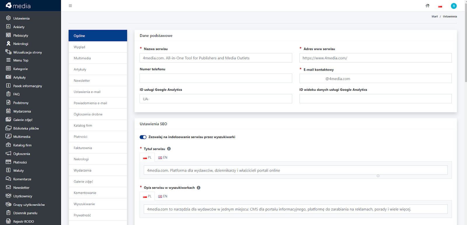 Ekran panelu administracyjnego CMS 4media z konfiguracją struktury strony pod kątem SEO. Widoczne są ustawienia danych podstawowych, takie jak tytuł i meta opis strony, oraz zaawansowane opcje indeksowania dla wydawców i portali informacyjnych.