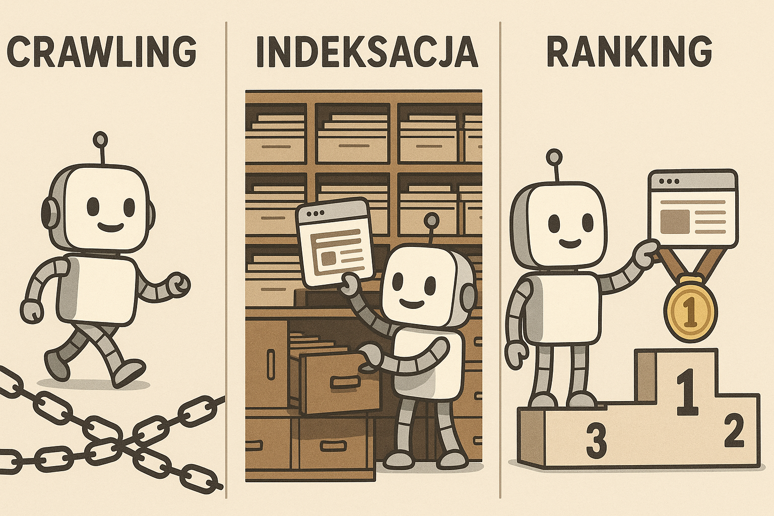 Ilustracja przedstawiająca proces SEO: crawling, indeksacja i ranking w Google, pokazane w formie robota analizującego strony internetowe.