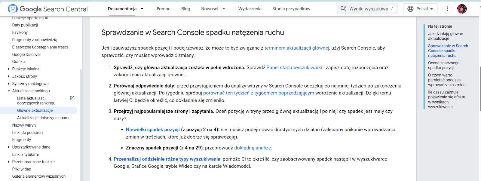 Panel dokumentacji Google Search Central wyjaśniający, jak sprawdzić spadek ruchu w Search Console po aktualizacji algorytmu Google — wskazówki dotyczące analizy pozycji i ruchu organicznego.