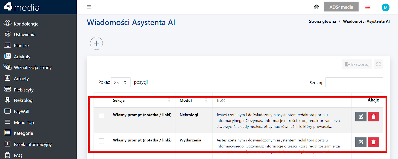 Panel Wiadomości Asystenta AI w systemie 4media pokazujący moduły i sekcje własnych promptów dla redaktorów — przykład wykorzystania sztucznej inteligencji w tworzeniu treści SEO.