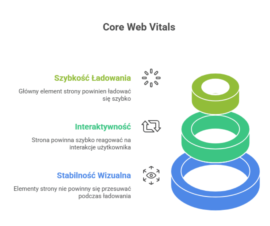 Infografika Core Web Vitals przedstawiająca trzy kluczowe wskaźniki wydajności strony: szybkość ładowania, interaktywność i stabilność wizualną — podstawy optymalizacji UX i SEO technicznego