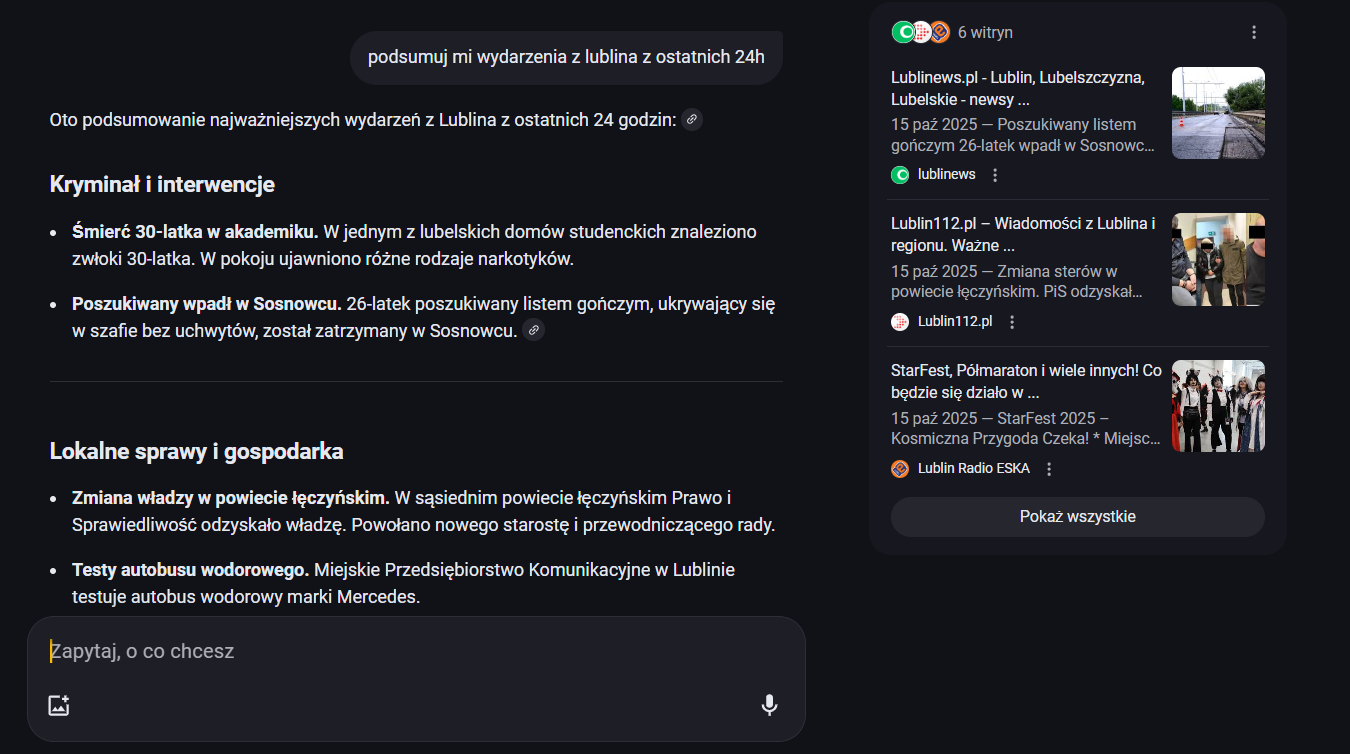 Tryb AI Google prezentujący lokalne wiadomości z Lublina, w tym aktualne wydarzenia, zmiany w administracji i lokalną gospodarkę. Przykład wykorzystania sztucznej inteligencji w wyszukiwarce Google do personalizowania wyników i automatycznego streszczania informacji regionalnych.
