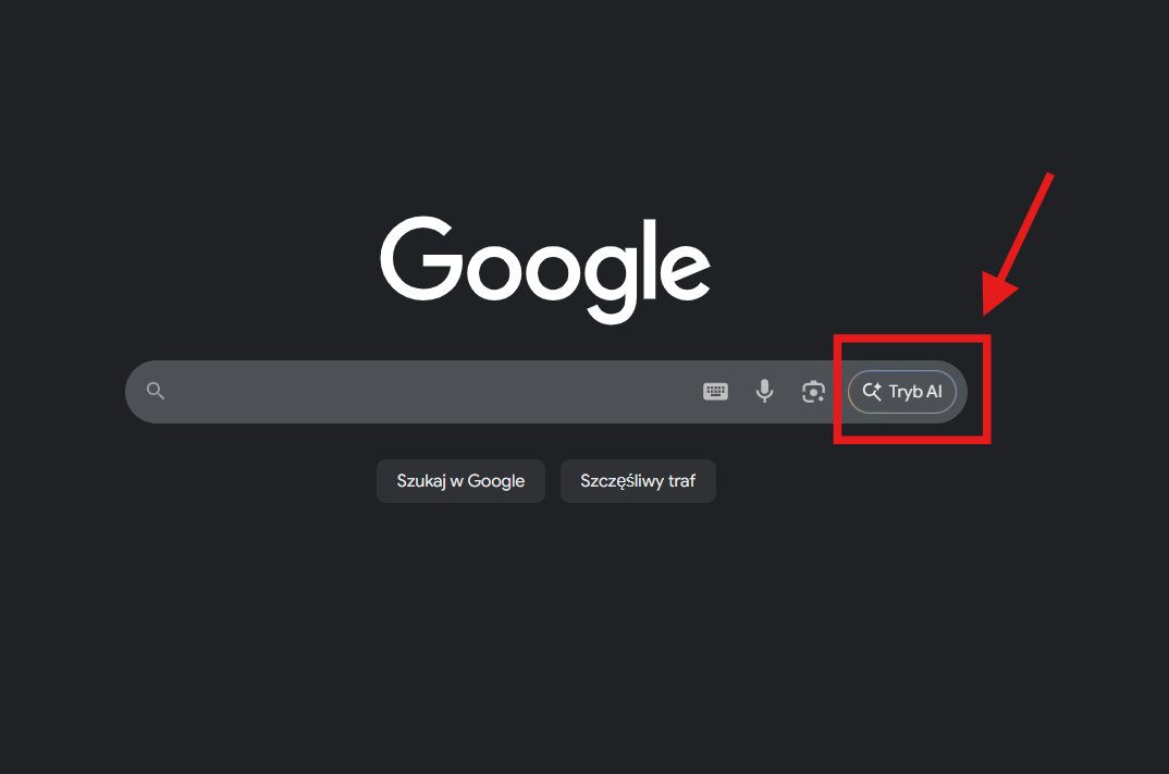 Strona startowa Google z włączonym Trybem AI i widocznym polem wyszukiwania. Ekran promuje funkcję ‘Poznaj Tryb AI’, pokazując możliwości nowego interfejsu wyszukiwania opartego na sztucznej inteligencji Google, znanego także jako Search Generative Experience (SGE)