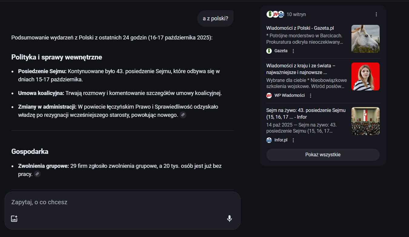 Ekran wyszukiwarki Google w Trybie AI z podsumowaniem wiadomości z Polski i przeglądem prasy. Widok pokazuje, jak nowe funkcje sztucznej inteligencji w Google umożliwiają szybkie generowanie skrótów najważniejszych informacji politycznych i gospodarczych w wynikach wyszukiwania.