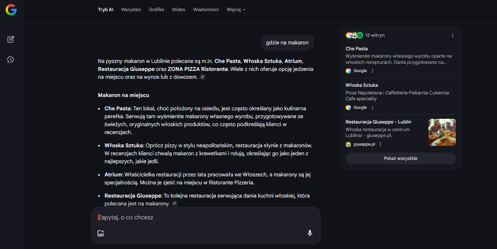 Wyniki wyszukiwania w Trybie AI Google dotyczące rekomendacji restauracji w Lublinie. Przykład pokazuje, jak sztuczna inteligencja Google generuje zestawienie lokali gastronomicznych, analizując recenzje i opinie użytkowników, aby pomóc w wyborze najlepszych restauracji w okolicy.