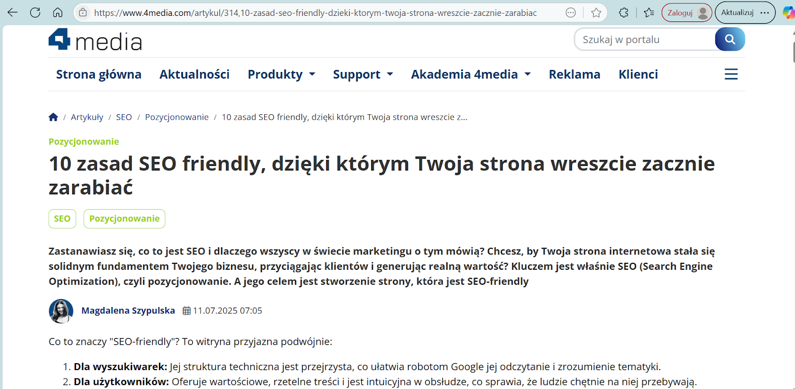 Przykład nawigacji okruszkowej (breadcrumbs) na stronie artykułu o 10 zasadach SEO friendly.