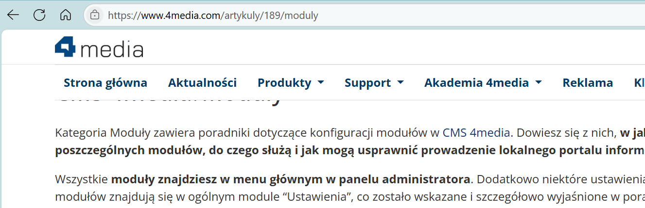 Struktura przyjaznego SEO adresu URL na przykładzie artykułu o modułach w CMS 4media.