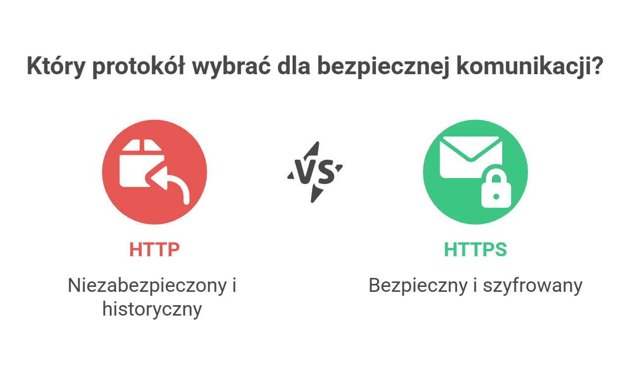 Infografika pokazująca różnicę między HTTP (protokół niezabezpieczony) a HTTPS (bezpieczny i szyfrowany).