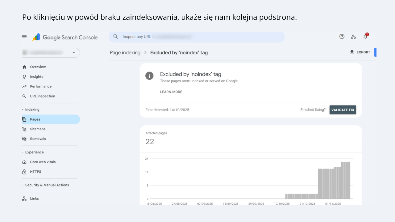 Szczegółowy widok raportu dla błędu Excluded by noindex tag pokazujący liczbę podstron wykluczonych z indeksu Google.