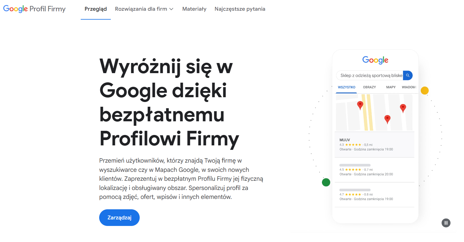 Strona startowa usługi Google Profil Firmy promująca możliwość założenia bezpłatnej wizytówki w wyszukiwarce i Mapach Google.