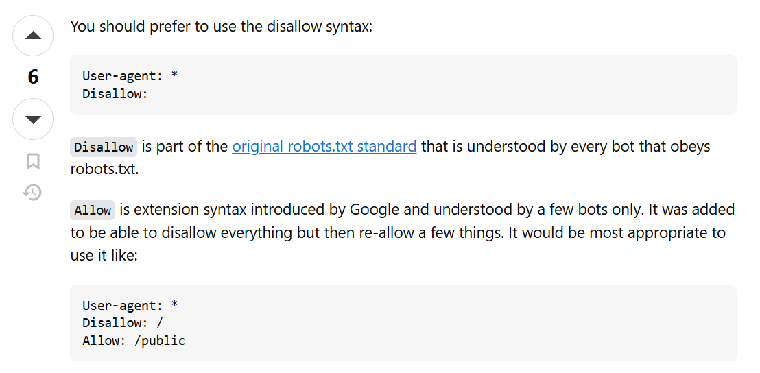 Porównanie składni dyrektyw Disallow i Allow w pliku robots.txt z przykładami kodu dla robotów indeksujących.