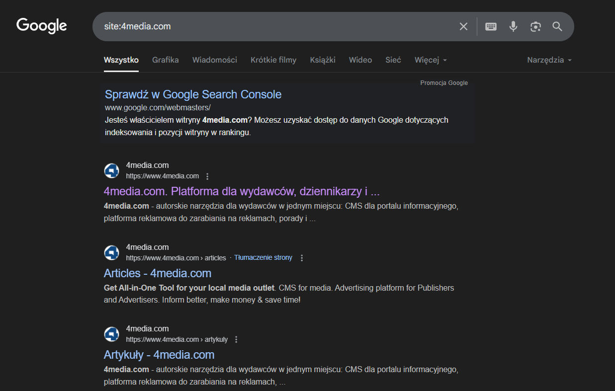 Wyniki wyszukiwania Google po wpisaniu komendy site:4media.com pokazujące listę zaindeksowanych podstron w domenie.