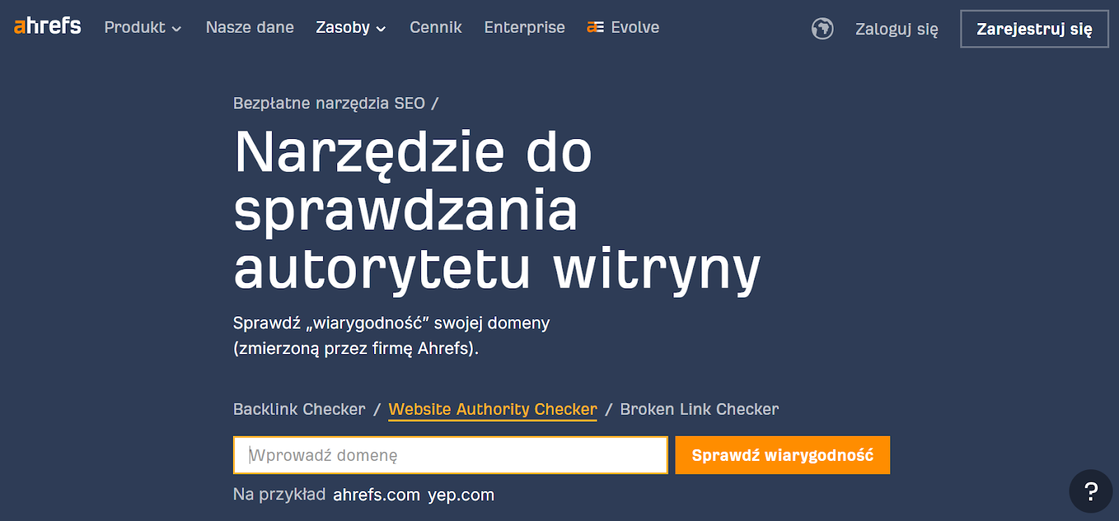 Darmowe narzędzie Ahrefs do sprawdzania autorytetu witryny i weryfikacji wiarygodności domeny przed pozyskaniem linku.