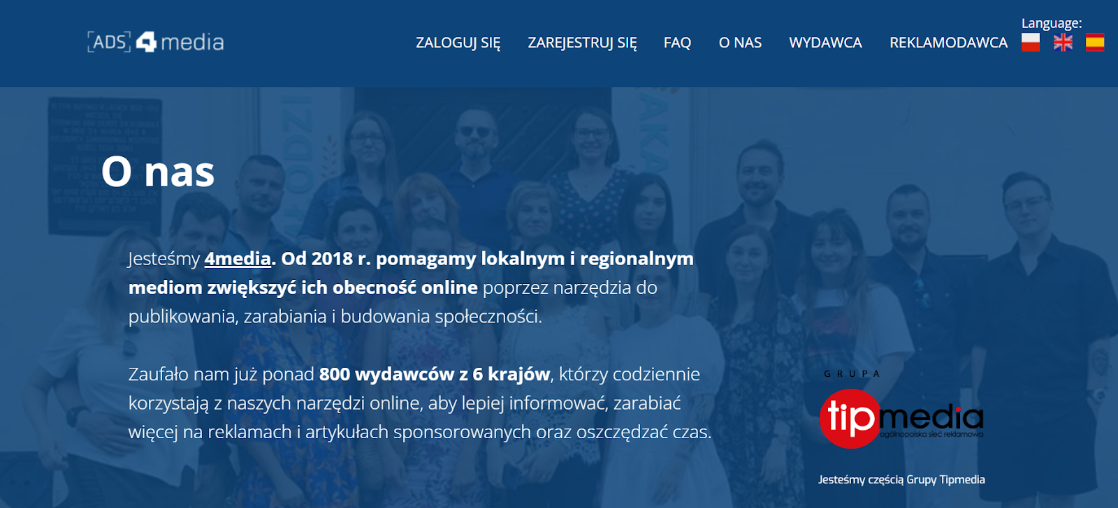 Sekcja O nas na stronie agencji Ads4media opisująca pomoc wydawcom lokalnym i budowanie obecności online w ramach Grupy Tipmedia.