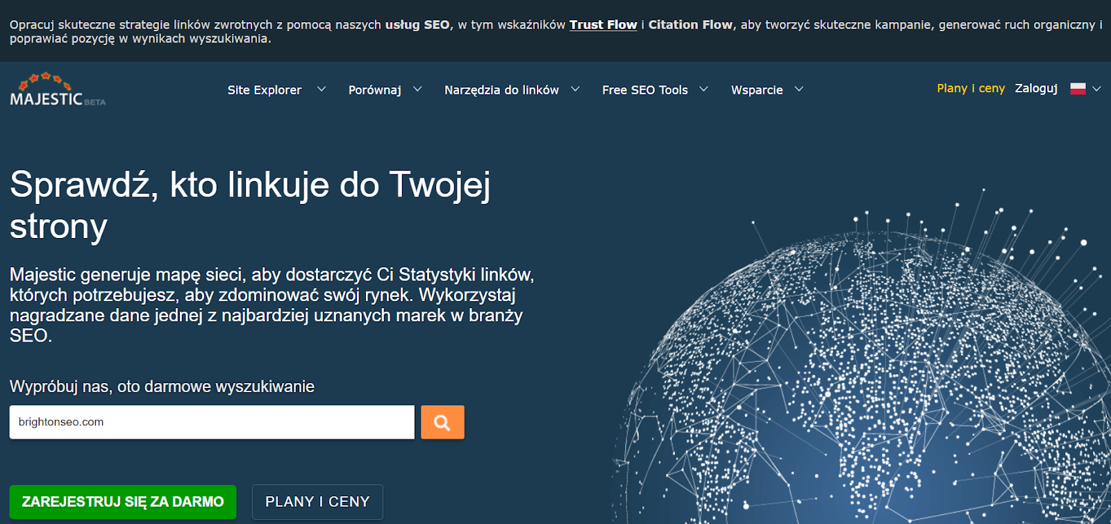 Narzędzie Majestic SEO do analizy profilu linków z widocznym hasłem Sprawdź kto linkuje do Twojej strony.