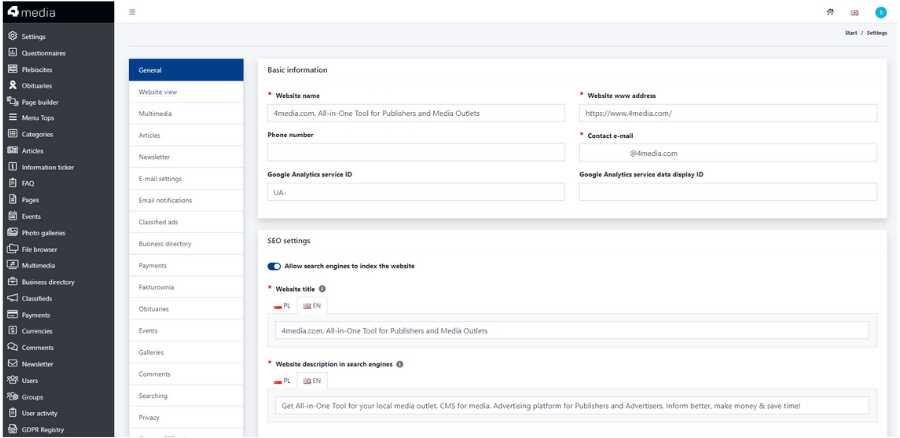 The 4media CMS admin panel screen shows the SEO-friendly page structure configuration. Basic data settings, such as the page title and meta description, are visible, as are advanced indexing options for publishers and news portals.