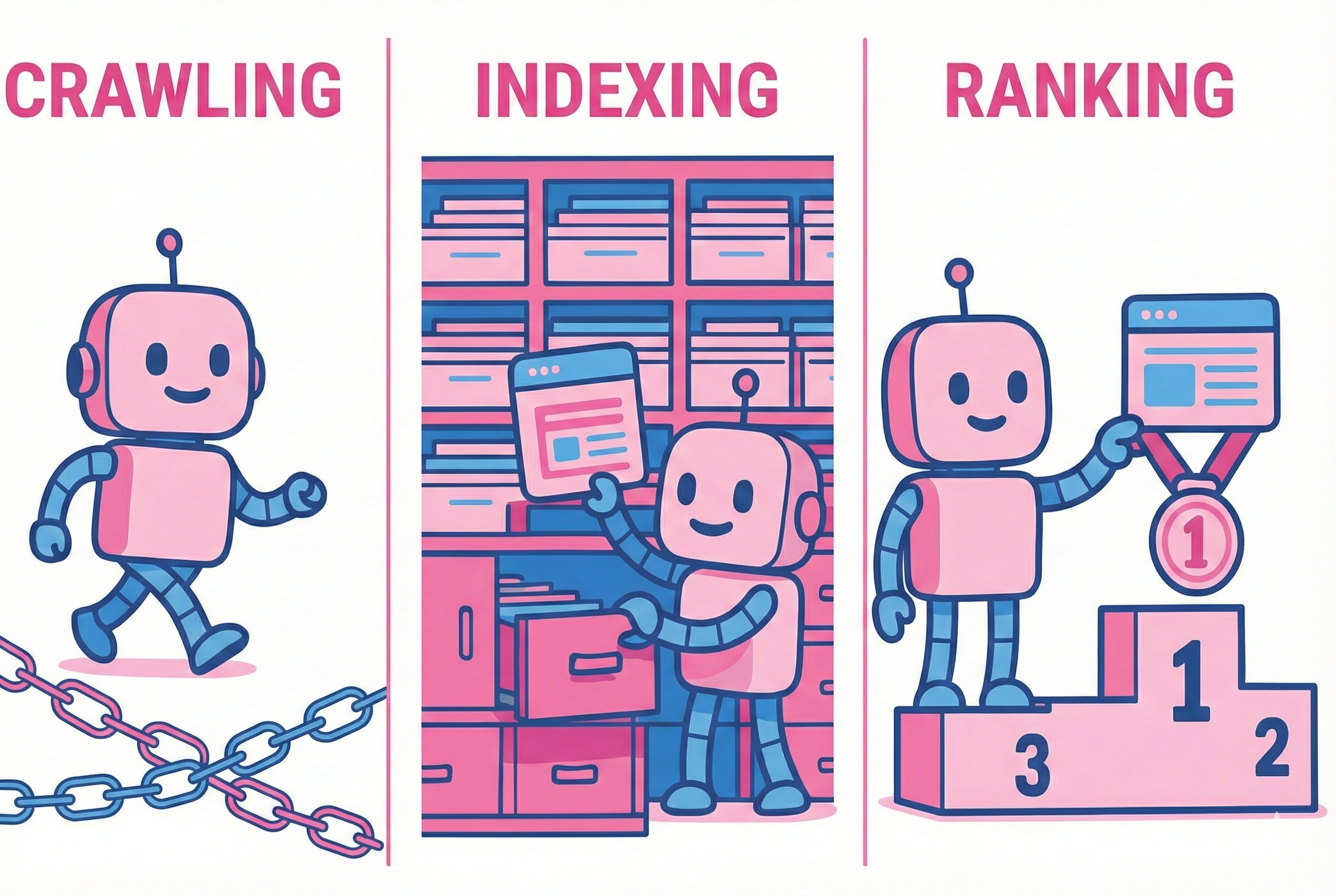 Illustration of the SEO process: crawling, indexing and ranking in Google, shown in the form of a robot analyzing web pages.