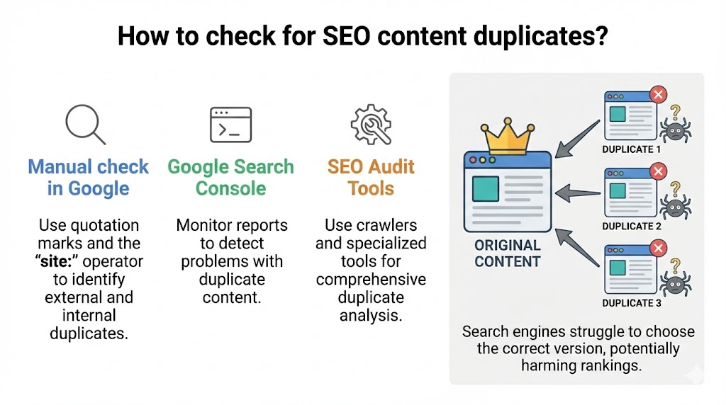 An infographic listing effective methods to check for SEO content duplicates, such as manual Google site searches, Google Search Console reports, and specialized SEO audit tools.