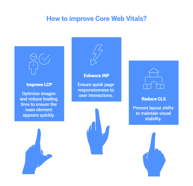 An infographic titled "How to improve Core Web Vitals?" outlines three key strategies: optimizing loading for LCP, ensuring responsiveness for INP, and preventing layout shifts for CLS.