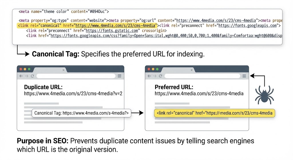 A visual guide demonstrating how the rel="canonical" tag works in SEO to identify the preferred URL version and resolve duplicate content issues for search engines.