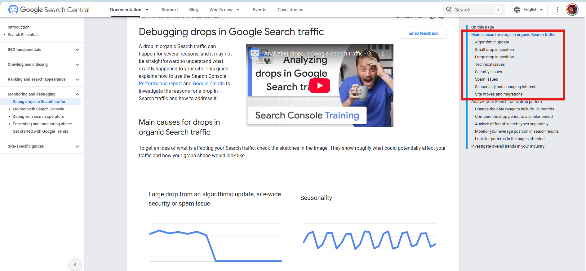 Google Search Central guide on debugging organic search traffic drops, showing traffic pattern charts and a list of main causes like algorithmic updates and seasonality.