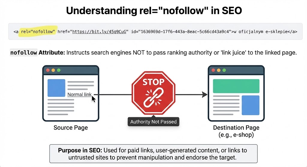 An educational diagram explaining the purpose of the rel="nofollow" attribute in SEO, illustrating how it prevents the passing of ranking authority or link juice to a destination page.